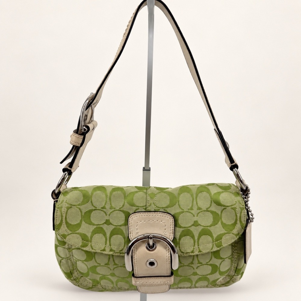 Y2K Coach F13113 Soho Signature Jacquard Green Shoulder Bag Buckle Flap Purse